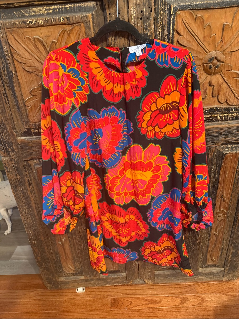 Mud Pie Floral Long-Sleeve Tunic in Red Orange and Blue